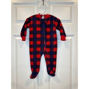 HB Baby‎ Size 0-3 Months Red Blue Buffalo Plaid Fleece Footed Pajamas Sleepsuit